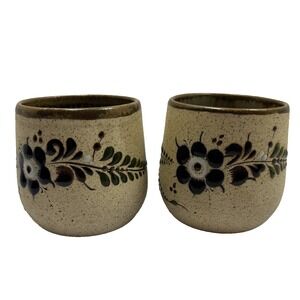 Mexican Tonala Sandstone Stoneware Signed Pottery Cups Floral Tumbler Set Of 2